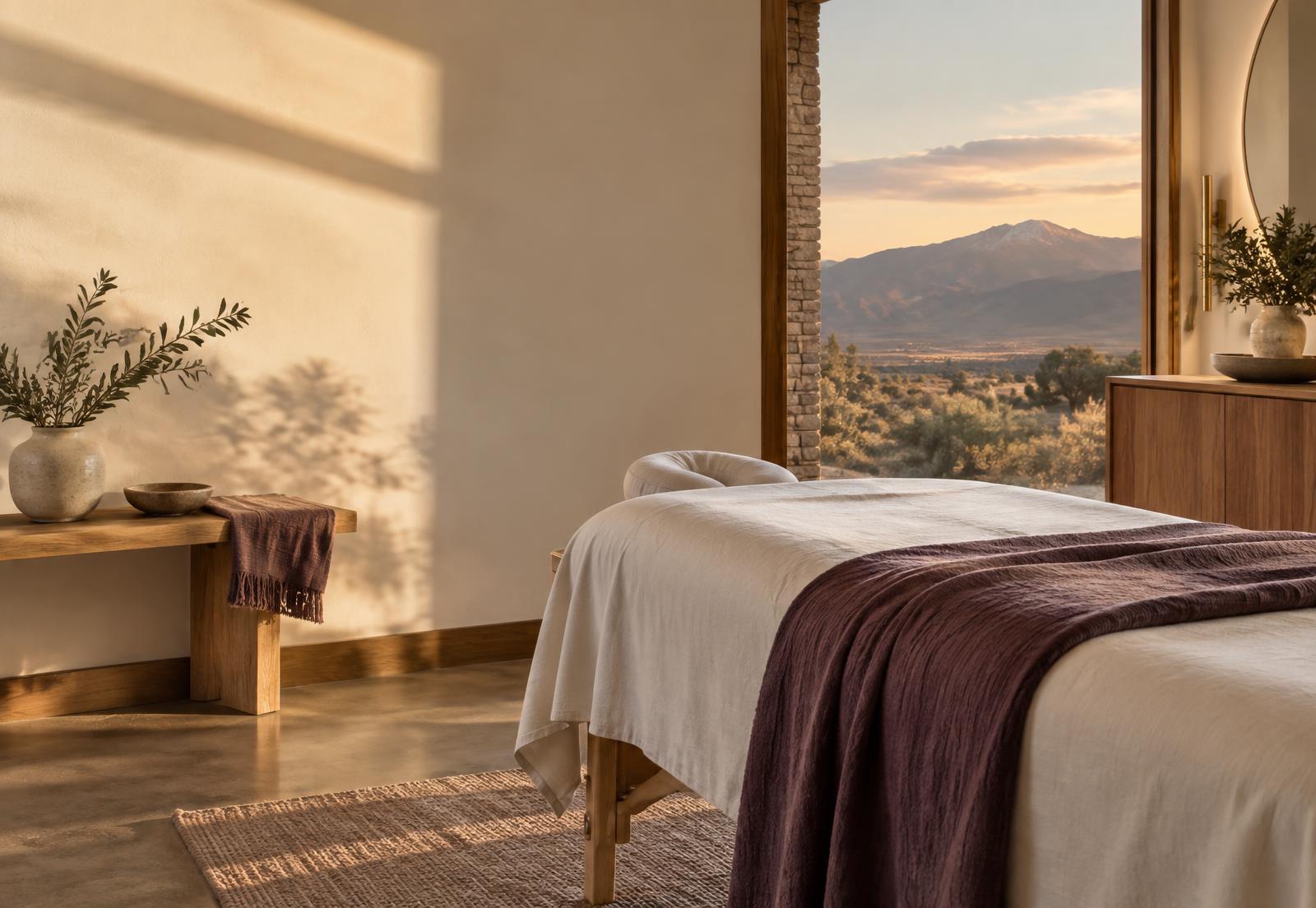 A serene massage room inspired by the Pueblo West landscape